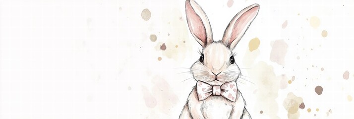 Aufkleber - Cute illustrated rabbit wearing a bow tie with a soft watercolor background. Generative AI