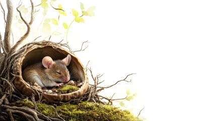 Poster - Sleeping mouse nestled in a cozy nest among moss and delicate foliage. Generative AI