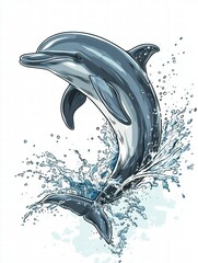 Poster - Dolphin leaps gracefully from ocean waves in vibrant illustration showcasing marine life. Generative AI