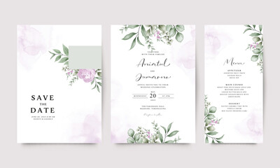 elegant floral purple green plant wedding invitation template set