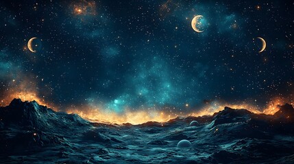 Wall Mural - celestial dreamscape with glowing moons and starry constellations on a mystical mountain landscape