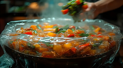 Wall Mural - Aromatic Steaming Vegetables in a Wok, Colorful and Vibrant Vegetable Dish Ready to Serve