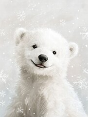 Poster - Cute polar bear cub smiling cheerfully in a snowy backdrop with delicate snowflakes falling gently around. Generative AI