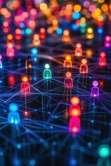 Wall Mural - colorful network of abstract human figures connected by glowing lines in a digital space