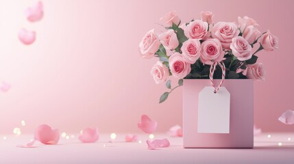 Wall Mural - Elegant pink roses in a gift box with petals scattered