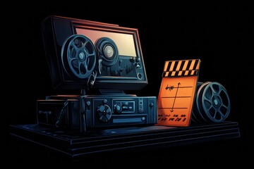Poster - Retro film projector with reels and clapperboard highlighting vintage filmmaking techniques in a dark studio setting. Generative AI