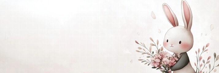 Aufkleber - Cute rabbit holding a bouquet of flowers in a soft pastel illustration with a serene background. Generative AI