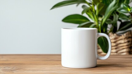 Poster - Minimalist white coffee mug on wooden table with plant