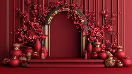 Canvas Print - Elegant red floral archway with decorative accents