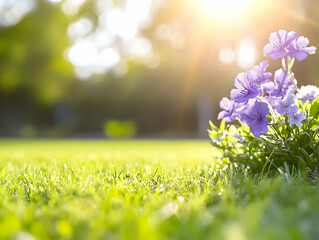 Sunlit purple flowers bloom in lush green grass, a vibrant spring scene in a park, perfect for nature-themed designs or springtime greetings