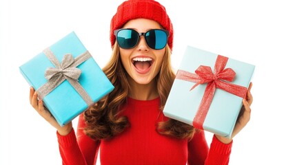 Wall Mural - A young woman wearing sunglasses and a red hat, excitedly holding two large gift boxes against a white background.