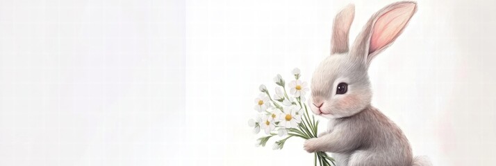 Poster - Cute rabbit holding a bouquet of white flowers in a light colored setting. Generative AI