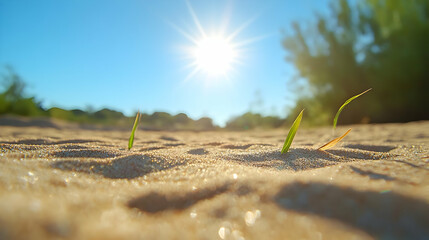 Sunny day, two grass sprouts emerge from sandy beach, bright sun, green bushes background. Perfect for nature, growth, or summer concepts