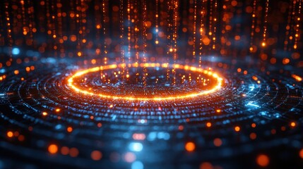 Wall Mural - abstract digital background featuring glowing orange and blue particles forming a circular pattern