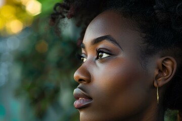 Wall Mural - Closeup side view of a young african woman gazing into the distance with a serene expression