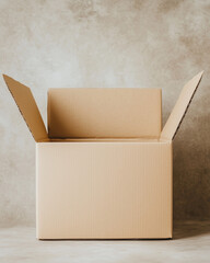 open empty brown cardboard box on beige textured background