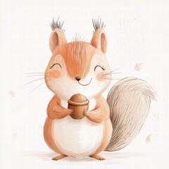 Aufkleber - Cute squirrel holding an acorn while smiling in a charming illustration set against a soft background. Generative AI