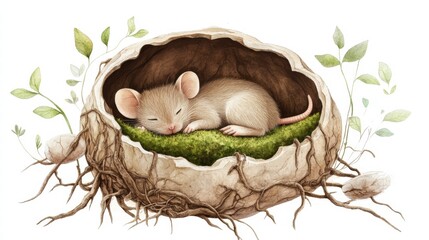 Poster - Cute mouse sleeping in a cozy nest made of natural materials surrounded by greenery and soft textures. Generative AI