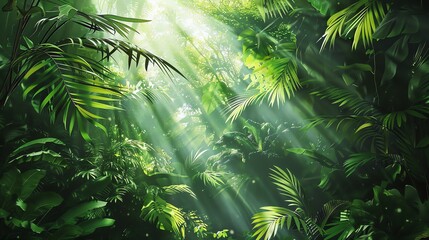 Wall Mural - Sunlight streams through the leaves of a tropical jungle.