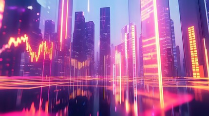 vibrant financial bars and lines glowing in neon, hovering above a reflective cityscape under a brig