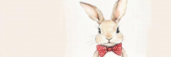 Aufkleber - Charming illustrated rabbit wearing a red polka dot bow tie in a playful, light background. Generative AI