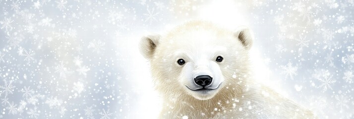 Aufkleber - Cute polar bear curiously gazing while snowflakes softly fall in a winter wonderland setting. Generative AI