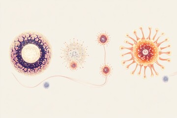 Leinwandbilder - Illustrated stages of viral lifecycle showing penetration, replication, and spreading processes in scientific visualization. Generative AI
