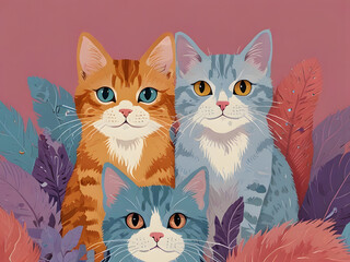 Naklejka na meble A whimsical illustration of multiple adorable cats in pastel hues, set against a vibrant background of bright pink, soft blue, and creamy white. Accentuated with touches of lavender and pale purple