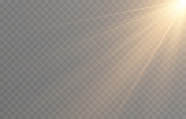 Wall Mural - Vector realistic light png. Sun with rays png. Sunlight or dawn on transparent background. Golden light.