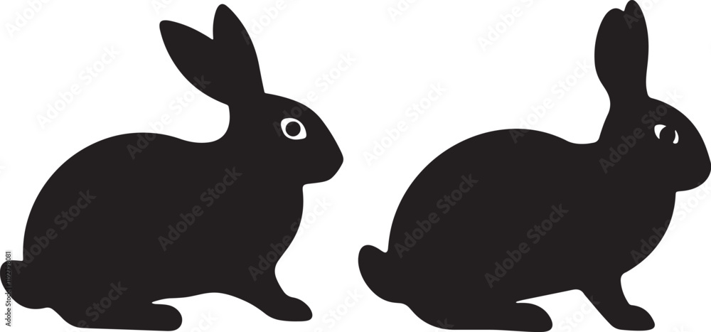Black silhouettes, cartoon rabbits, bunny illustrations, minimalist ...