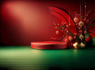 Leinwandbilder - Elegant red and gold podium with festive Asian-inspired decorations against a dark red wall and green floor.  Perfect for product display or celebration.