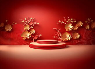 Poster - Elegant red and gold display.  A circular platform sits before a wall adorned with ornate, gold blossoms and red wave patterns. Ideal for product showcasing or festive celebrations.