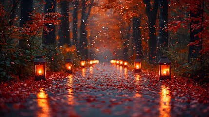 Wall Mural - Enchanting Autumn Forest Path Lined with Glowing Lanterns and Falling Leaves at Dusk