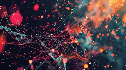 Wall Mural - An abstract image with a network of red and blue lines and glowing orbs of light.