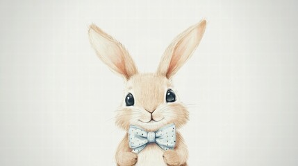 Poster - Cute rabbit character wearing a polka dot bow tie with a cheerful expression, designed in a charming illustration style. Generative AI