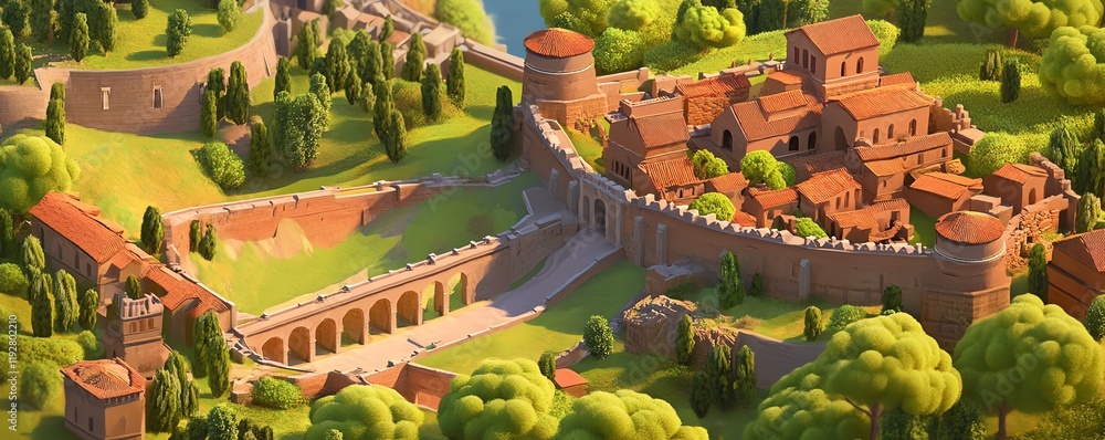Aerial view of an ancient walled city nestled amongst lush greenery ...