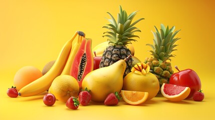 Wall Mural - An assortment of fresh fruit on a yellow background, including a pineapple, papaya, bananas, oranges, kiwi, grapefruit, apples, and cherries.