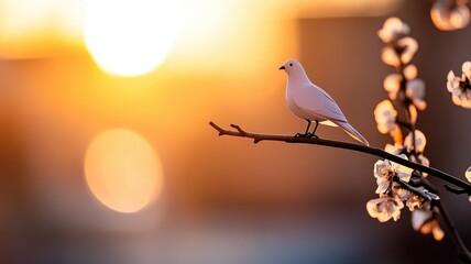 Wall Mural - white bird on branch at sunset, with flowers and bokeh
