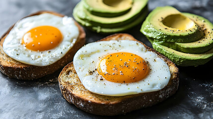 Wall Mural - Close-up of two fried eggs on toast with avocado slices, a simple and delicious breakfast