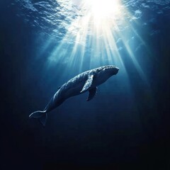 Aufkleber - Humpback whale swimming gracefully in deep ocean waters illuminated by sunlight. Generative AI