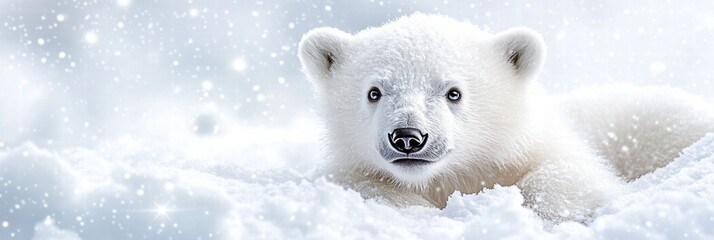 Poster - Polar bear cub resting in snow during winter in a serene Arctic landscape. Generative AI