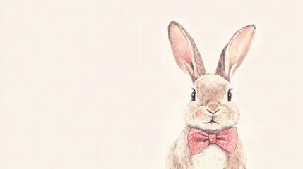 Poster - Charming illustration of a rabbit wearing a polka dot bow tie with a soft pastel background. Generative AI