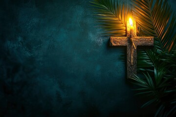 Poster - Catholic Cross with palm leaf and burning candle. Ash Wednesday, Lent season, Holy Week, Good Friday and Palm Sunday concept. Copy space. 