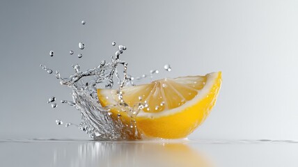 Wall Mural - Lemon slice splashing into water, creating droplets and ripples