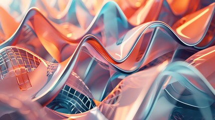 Wall Mural - an abstract, geometric background of flowing, shiny metallic shapes in blue, orange, and white color