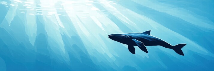 Aufkleber - Majestic underwater creature glides through tranquil blue waters illuminated by sunlight rays. Generative AI
