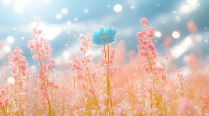 Wall Mural - A Single Blue Flower Amidst Pink Blossoms