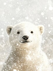 Poster - Joyful polar bear cub plays in gentle snowfall while looking curiously at the camera in a serene winter landscape. Generative AI