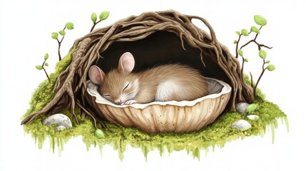 Poster - Cozy mouse resting in a shell nest surrounded by greenery and natural elements in a tranquil setting. Generative AI