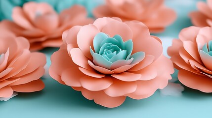 Wall Mural - Peach and Aqua Paper Flowers Close Up Shot